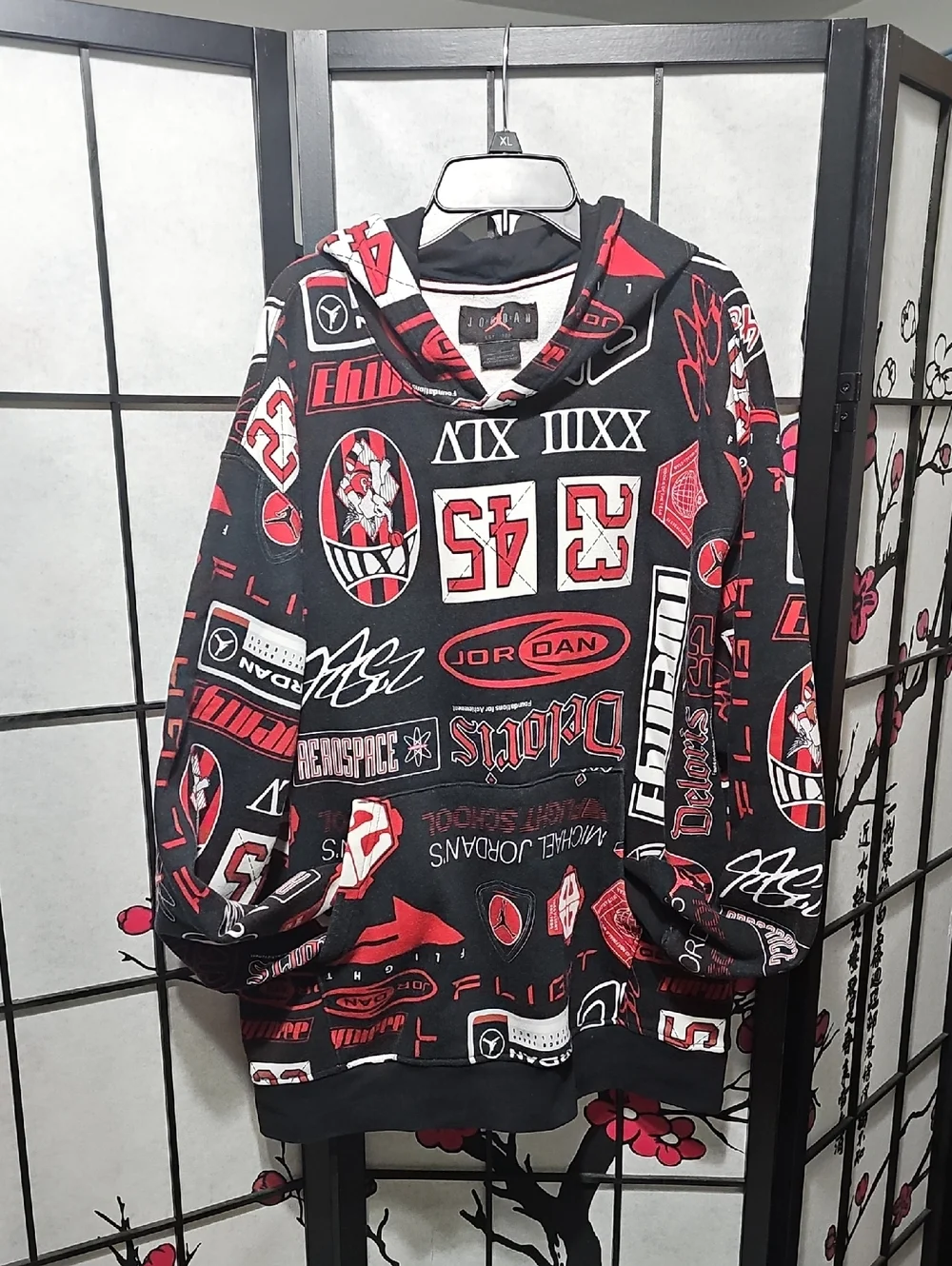Jordan Essentials Logos Hoodie Black Red White Size XL